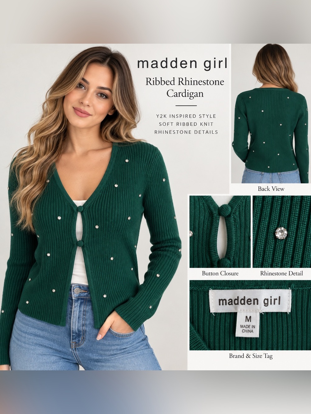 Madden Girl Women’s Green Ribbed Rhinestone Cardigan Y2K Knit Cardigan Medium
